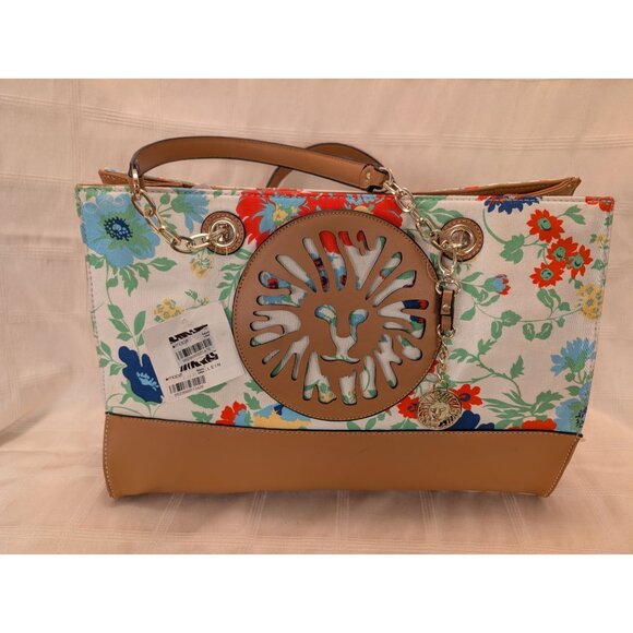 Anne Klein Floral Tote Bag Tan Faux Leather Accents & Chain Straps Lion Logo NWT - Picture 8 of 16